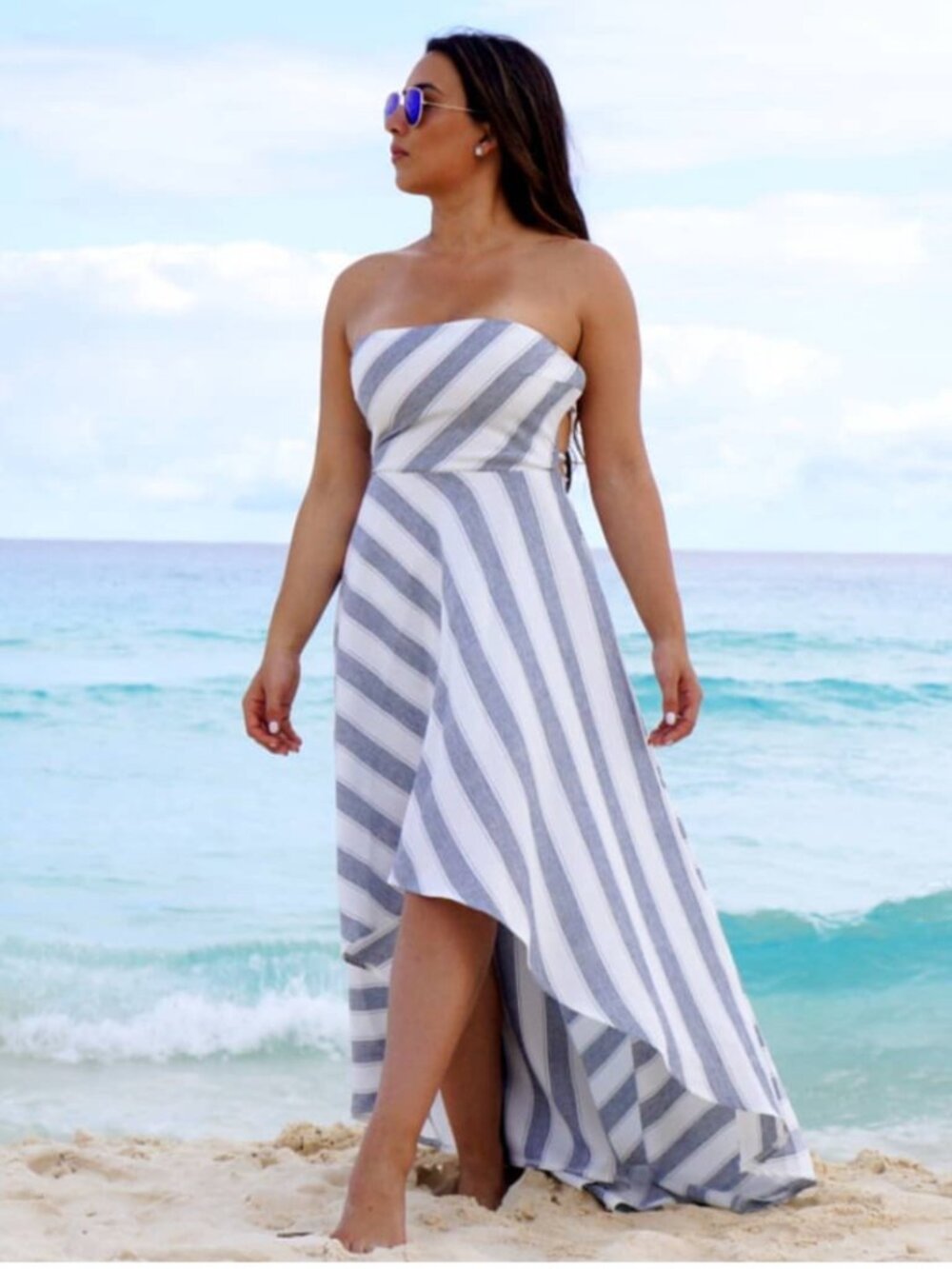 NEW Cosygal Striped High-Low Maxi Dress, Bandage Dress, Backless, Blue/White MED - Picture 12 of 13